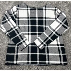 J. JILL Plaid Knit Black &amp; White Pullover Jacquard Cozy Long Sleeve Sweater‎